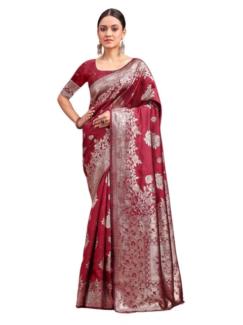 Women's Banarasi Silk Printed Saree With Unstitched Blouse 5.5Mtr (Maroon)