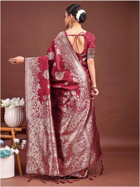 Women's Banarasi Silk Printed Saree With Unstitched Blouse 5.5Mtr (Maroon)