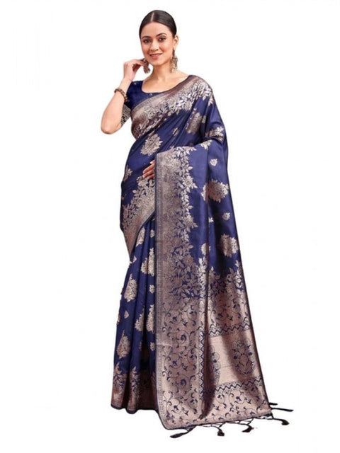 Women's Banarasi Silk Printed Saree With Unstitched Blouse 5.5Mtr (Navy Blue)