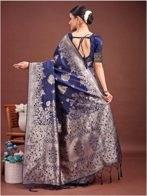 Women's Banarasi Silk Printed Saree With Unstitched Blouse 5.5Mtr (Navy Blue)