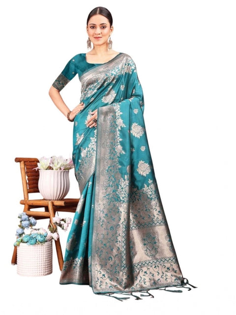 Women's Banarasi Silk Printed Saree With Unstitched Blouse 5.5Mtr (Sea Green)