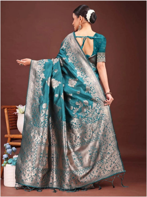 Women's Banarasi Silk Printed Saree With Unstitched Blouse 5.5Mtr (Sea Green)