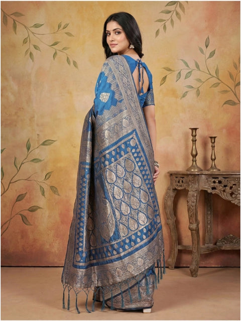 Women's Silk Blend Printed Saree With Unstitched Blouse 5.5Mtr (Sky Blue)