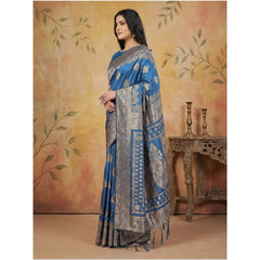 Generic Women's Silk Blend Printed Saree With Unstitched Blouse 5.5Mtr (Sky Blue)