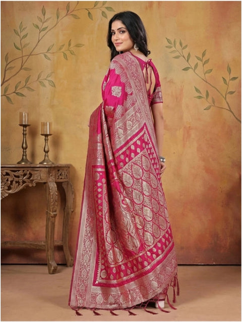 Women's Silk Blend Printed Saree With Unstitched Blouse 5.5Mtr (Magenta)