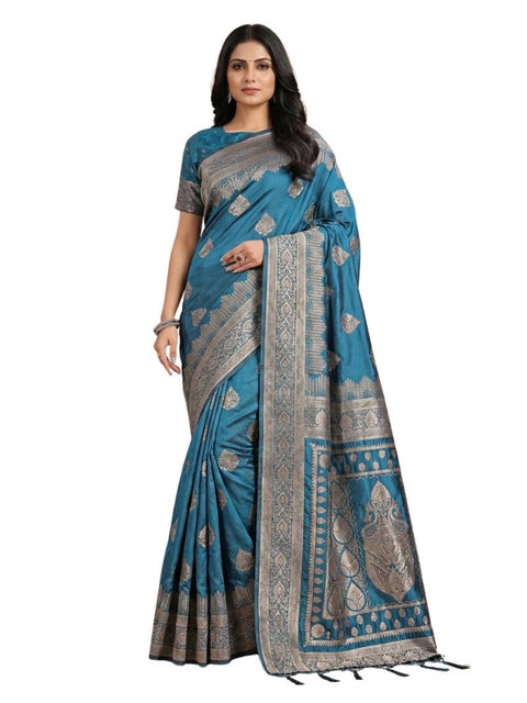 Women's Silk Blend Printed Saree With Unstitched Blouse 5.5Mtr (Teal)