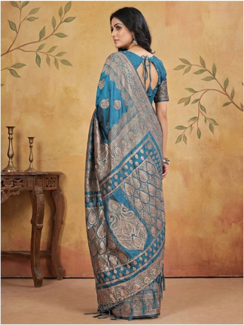 Women's Silk Blend Printed Saree With Unstitched Blouse 5.5Mtr (Teal)