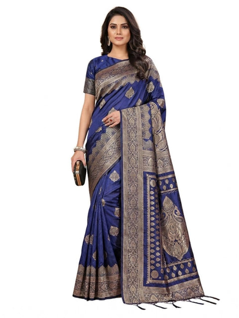 Women's Silk Blend Printed Saree With Unstitched Blouse 5.5Mtr (Navy Blue)