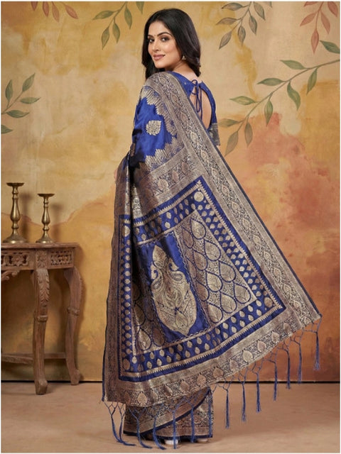 Women's Silk Blend Printed Saree With Unstitched Blouse 5.5Mtr (Navy Blue)