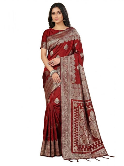 Women's Silk Blend Printed Saree With Unstitched Blouse 5.5Mtr (Maroon)