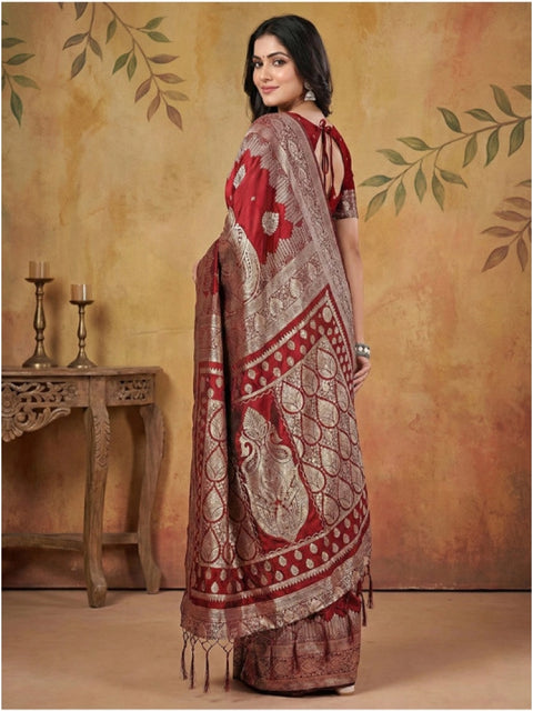 Women's Silk Blend Printed Saree With Unstitched Blouse 5.5Mtr (Maroon)