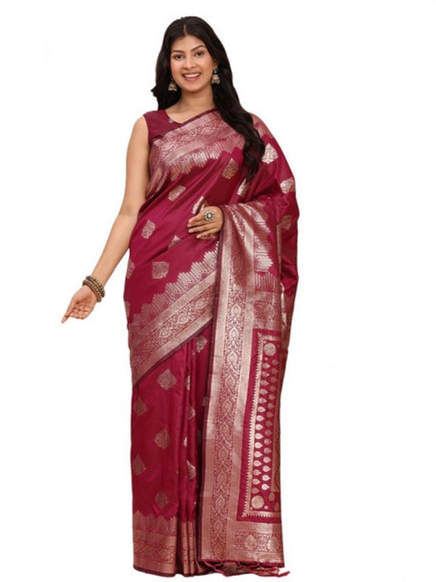 Women's Banarasi Silk Printed Saree With Unstitched Blouse 5.5Mtr (Magenta)