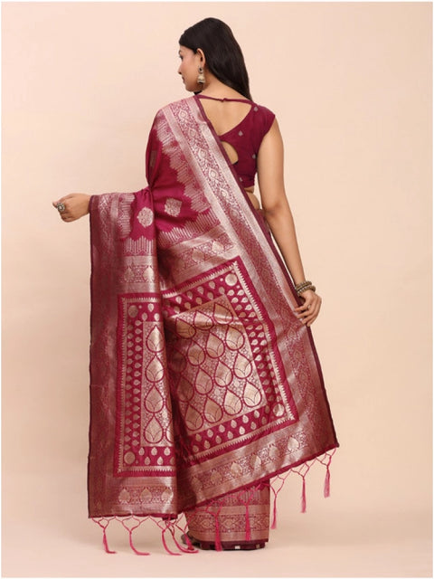 Women's Banarasi Silk Printed Saree With Unstitched Blouse 5.5Mtr (Magenta)