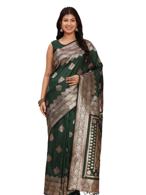 Women's Banarasi Silk Printed Saree With Unstitched Blouse 5.5Mtr (Green)