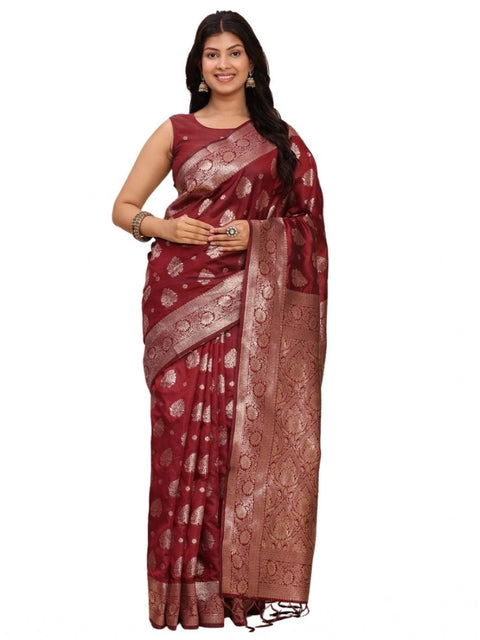 Women's Banarasi Silk Printed Saree With Unstitched Blouse 5.5Mtr (Maroon)