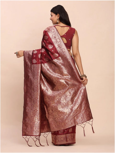 Women's Banarasi Silk Printed Saree With Unstitched Blouse 5.5Mtr (Maroon)