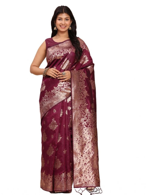 Women's Banarasi Silk Printed Saree With Unstitched Blouse 5.5Mtr (Purple)