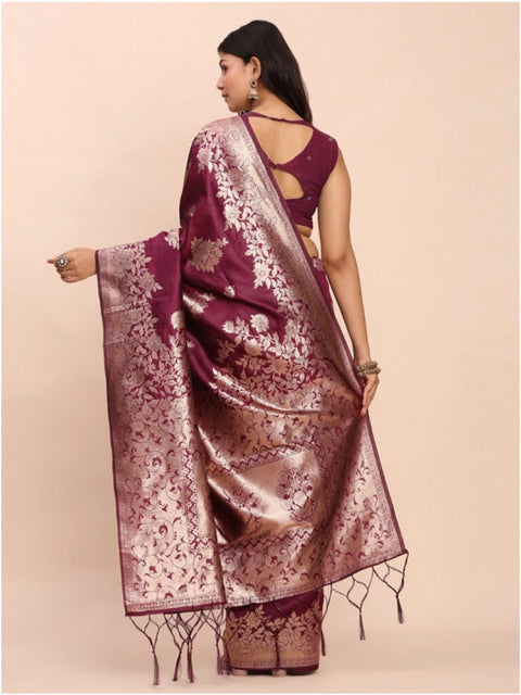 Women's Banarasi Silk Printed Saree With Unstitched Blouse 5.5Mtr (Purple)