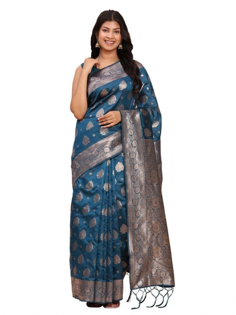 Women's Banarasi Silk Printed Saree With Unstitched Blouse 5.5Mtr (Teal Blue)