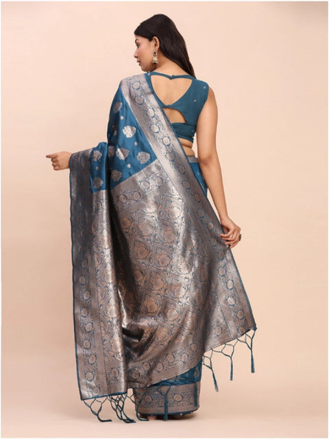 Women's Banarasi Silk Printed Saree With Unstitched Blouse 5.5Mtr (Teal Blue)