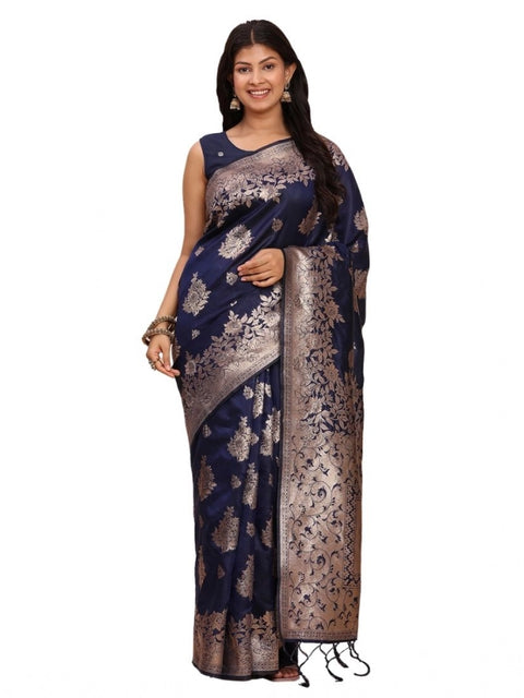 Women's Banarasi Silk Printed Saree With Unstitched Blouse 5.5Mtr (Navy Blue)