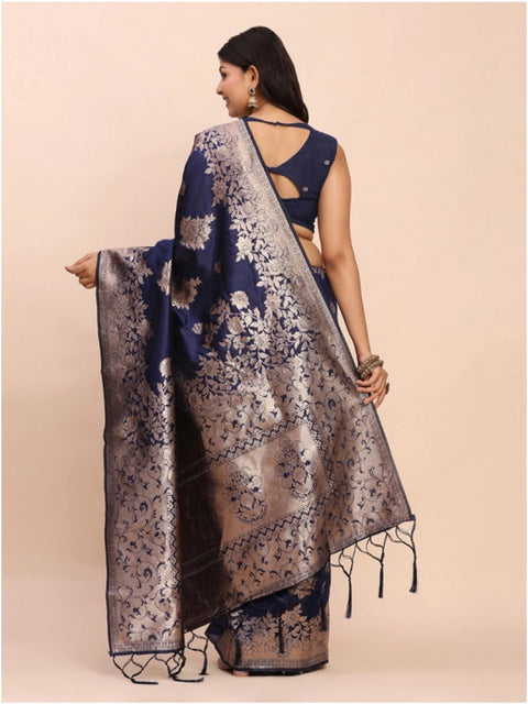 Women's Banarasi Silk Printed Saree With Unstitched Blouse 5.5Mtr (Navy Blue)