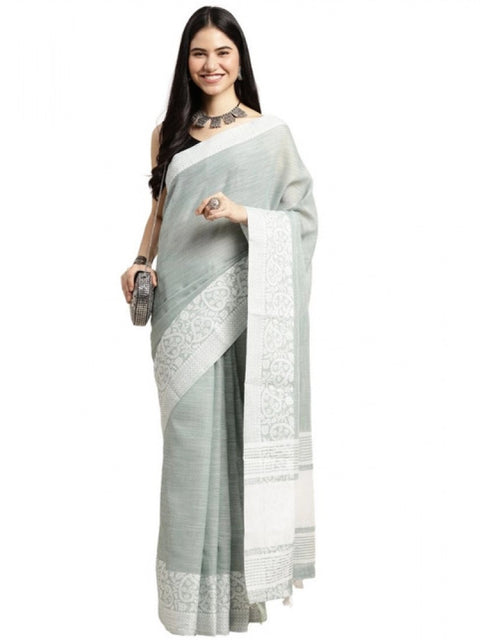 Women's Linen Printed Saree With Unstitched Blouse 5.5Mtr (Sea Green)