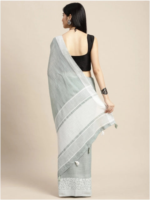 Women's Linen Printed Saree With Unstitched Blouse 5.5Mtr (Sea Green)