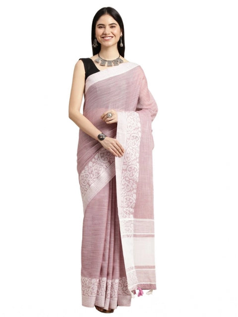 Women's Linen Printed Saree With Unstitched Blouse 5.5Mtr (Purple)
