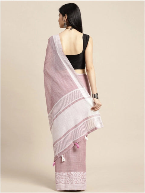 Women's Linen Printed Saree With Unstitched Blouse 5.5Mtr (Purple)