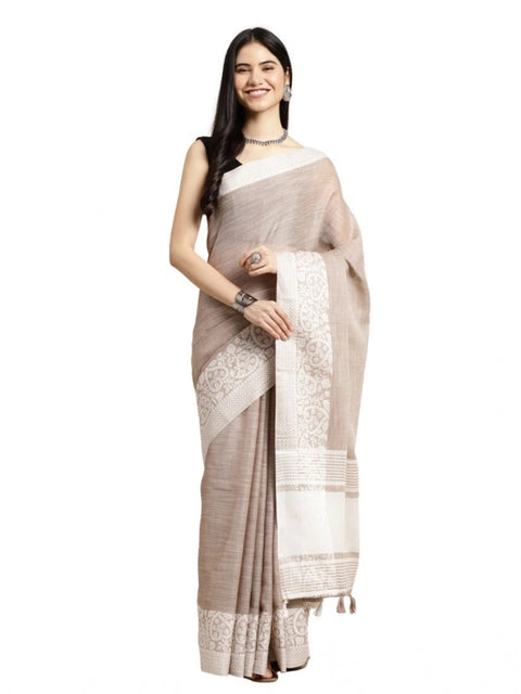 Women's Linen Printed Saree With Unstitched Blouse 5.5Mtr (Beige)