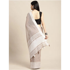 Generic Women's Linen Printed Saree With Unstitched Blouse 5.5Mtr (Beige)