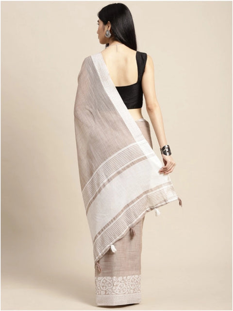 Women's Linen Printed Saree With Unstitched Blouse 5.5Mtr (Beige)