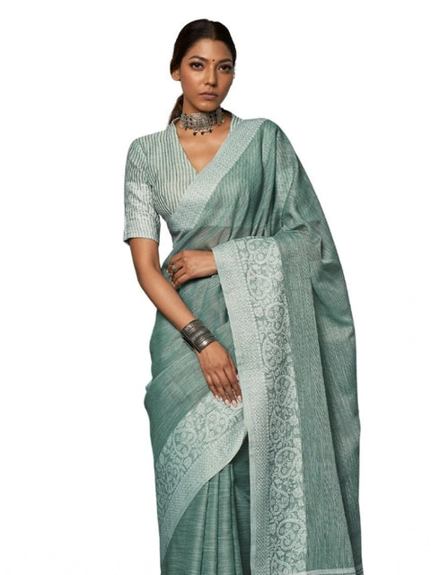 Women's Linen Printed Saree With Unstitched Blouse 5.5Mtr (Sea Green)