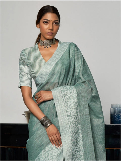 Women's Linen Printed Saree With Unstitched Blouse 5.5Mtr (Sea Green)