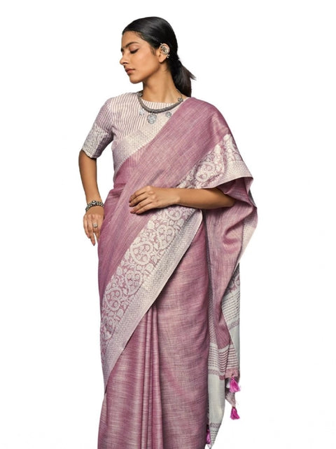Women's Linen Printed Saree With Unstitched Blouse 5.5Mtr (Purple)