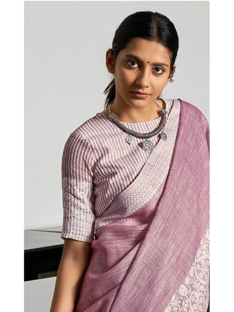 Women's Linen Printed Saree With Unstitched Blouse 5.5Mtr (Purple)