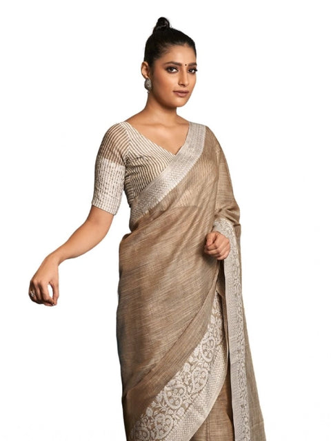 Women's Linen Printed Saree With Unstitched Blouse 5.5Mtr (Beige)
