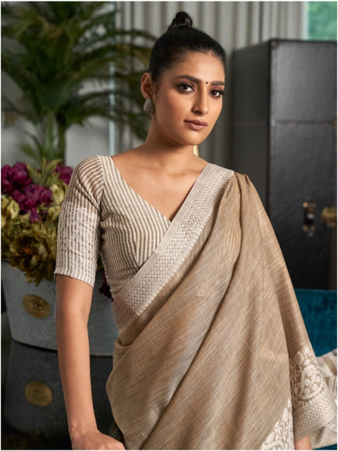 Women's Linen Printed Saree With Unstitched Blouse 5.5Mtr (Beige)