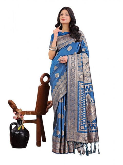 Women's Silk Printed Saree With Unstitched Blouse 5.5Mtr (Sky Blue)