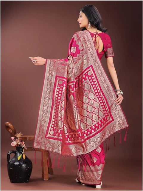 Women's Silk Printed Saree With Unstitched Blouse 5.5Mtr (Magenta)