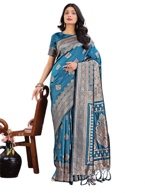 Women's Silk Printed Saree With Unstitched Blouse 5.5Mtr (Teal)