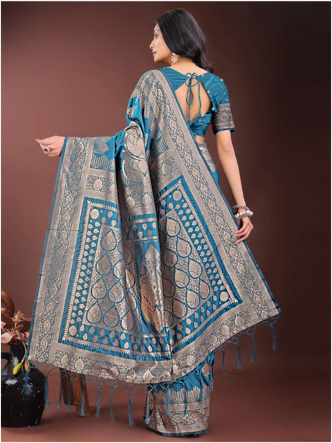 Women's Silk Printed Saree With Unstitched Blouse 5.5Mtr (Teal)