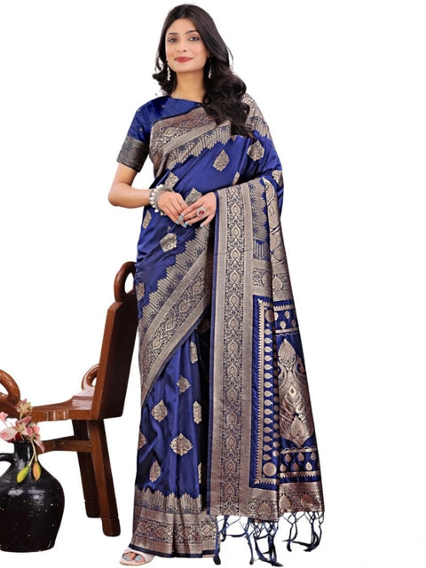 Women's Silk Printed Saree With Unstitched Blouse 5.5Mtr (Navy Blue)