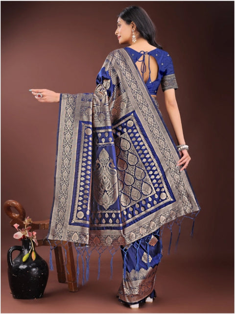 Women's Silk Printed Saree With Unstitched Blouse 5.5Mtr (Navy Blue)