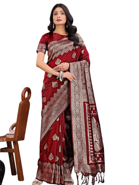 Women's Silk Printed Saree With Unstitched Blouse 5.5Mtr (Maroon)