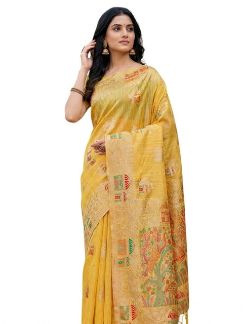 Women's Linen Cotton Printed Saree With Unstitched Blouse 5.5Mtr (Yellow)