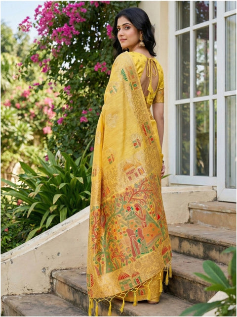 Women's Linen Cotton Printed Saree With Unstitched Blouse 5.5Mtr (Yellow)