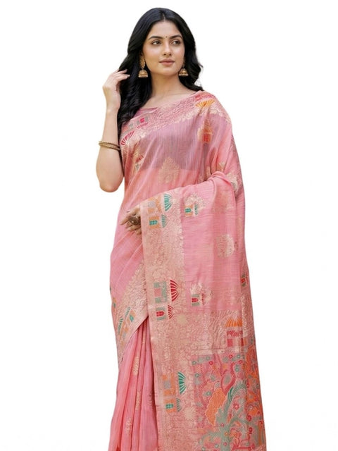 Women's Linen Cotton Printed Saree With Unstitched Blouse 5.5Mtr (Pink)