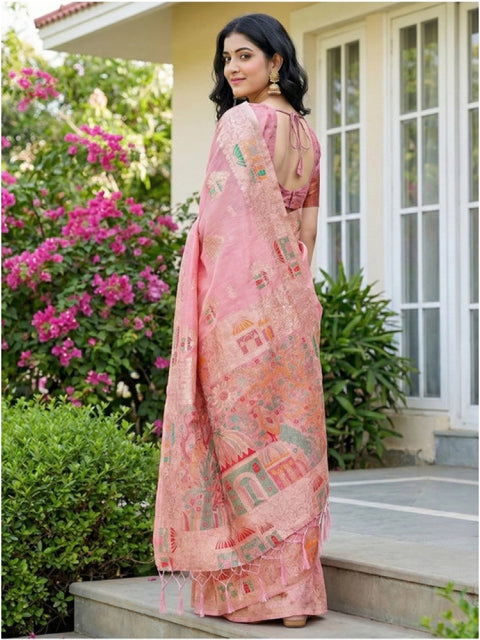 Women's Linen Cotton Printed Saree With Unstitched Blouse 5.5Mtr (Pink)